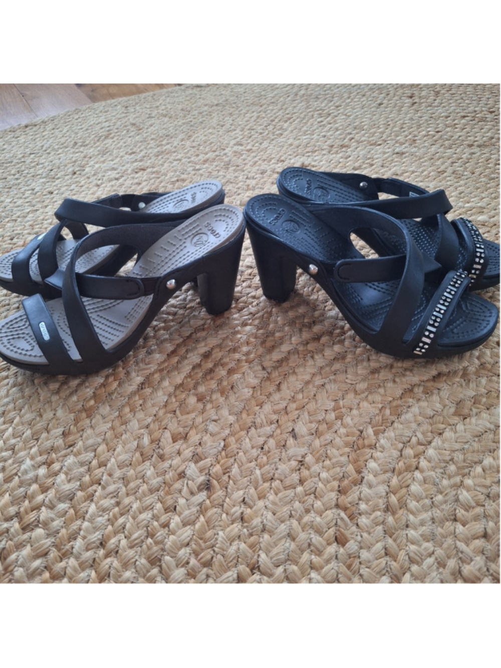 2 Pair Crocs Cyprus IV Womens 6 Brown Black Slide Rhinestone Bling Sandals Heels